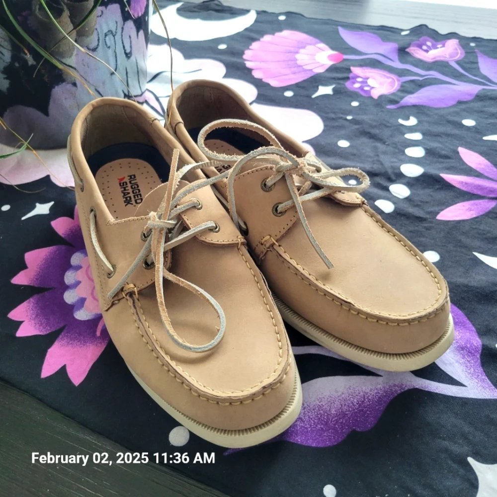 Rugged Shark Tan Leather Boat Shoes, Mens 11.5, EUC